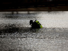 A member of the FBI dive team searches Seccombe Lake Friday, Dec. 11, 2015, in San Bernardino, Calif., for evidence in connection with last week's fatal shooting at Inland Regional Center,  The FBI says divers are searching the lake because leads indicate the shooters who killed 14 people at a holiday party had been in the area. (AP Photo/Jae C. Hong)