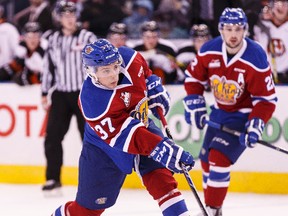 Edmonton's Dysin Mayo fires a slapshot during a WHL game between the Edmonton Oil Kings and the Medicine Hat Tigers at Rexall Place in Edmonton, Alta. on Sunday December 13, 2015. Ian Kucerak/Edmonton Sun/Postmedia Network