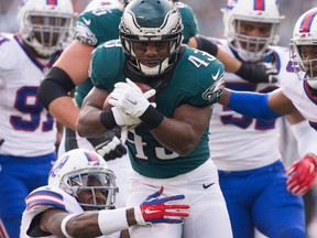 Philadelphia Eagles running back Darren Sproles (43) carries the ball against the Buffalo Bills during the first quarter at Lincoln Financial Field. Bill Streicher-USA TODAY Sports