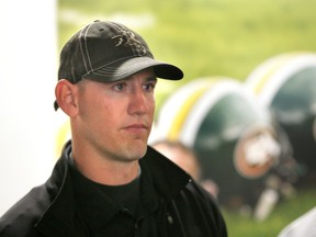 Edmonton Eskimos Jason Maas waits to be announced in the Commonwealth Stadium locker room in Edmonton on Thursday, May 26, 2011.  Maas sign a contract with the Eskimos and then retired.        PERRY MAH/EDMONTON SUN  QMI AGENCY