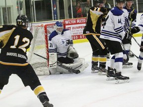 Vermilion Jr. B Tigers forward Dylan Elke just misses finding a gap underneath the pad of Cold Lake goaltender Cody Janzen on Saturday night at the Vermilion Stadium. The Tigers, after winning 7-4 against Saddle Lake on Friday, dropped an important 5-4 decision to the Ice.