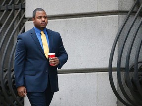 In this Nov. 30, 2015 file photo, William Porter, one of six Baltimore city police officers charged in connection to the death of Freddie Gray, arrives at a courthouse for jury selection in his trial in Baltimore. (Rob Carr/Pool Photo via AP, File)