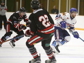 Rayside Balfour Canadians Kyle Fransen breaks towards the net with the puck during NOJHL action against the Soo Thunderbirds in Sudbury, Ont. on Sunday December 13, 2015.