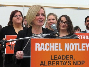 Alberta Premier Rachel Notley speaks to party members at MacEwan University. Photo by CP