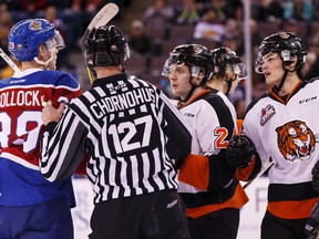 Edmonton's Brett Pollock exchanges words with Medicine Hat's Alex Mowbrad during Sunday's WHL game at Rexall Place (Ian Kucerak, Edmonton Sun).