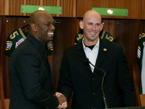 Eskimos GMK Ed Hervey welcomes Jason Maas as the team's new head coach Monday at Commonwealth Stadium. (Tom Braid, Edmonton Sun)