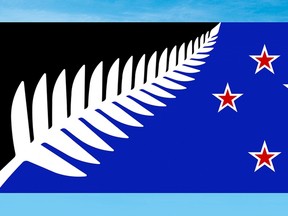 This undated illustration provided by the New Zealand Government shows a flag design; Silver Fern (Black, White and Blue) by Kyle Lockwood. Final results from a postal ballot were announced Tuesday, Dec. 15, 2015. The winning design features a silver fern and red stars on a black and blue background. The new design will now go head-to-head against the current flag in a national vote that will be held in March. (New Zealand Government via AP)