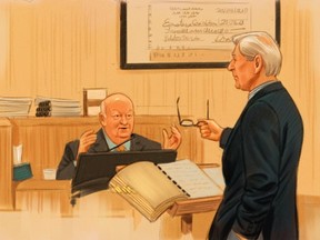 In this artist's sketch, Sen. Mike Duffy, a former member of the Conservative caucus, responds to defence lawyer Donald Bayne (right) at his trial in Ottawa, Monday, Dec. 14, 2015. THE CANADIAN PRESS/Greg Banning