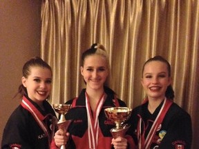 Katie Millar, from left, Alana Stevenson and Amelia Gordanier were members of the Team Canada East junior team that won three medals in large group dances — gold, silver and bronze — at the International Dance Organization world ballet, jazz and modern championships in Poland.