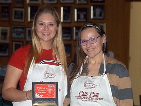 Chelsea Bilodeau and Amy Griffin of the Eternity's Touch team won the People's Choice Award at the United Way Chili cook-off held at the Sydenham Community Curling Club on Dec. 12. The event, which was a fundraiser for the Chatham-Kent United Way, featured 15 pots of chili. Travis Hooper was first overall in the judge's judging, with Kevin Blake second and Brian Armitage finishing third in judging.