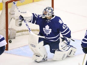 Toronto Maple Leafs goalie Jonathan Bernier (45) is beaten on the winning goal in overtime by Tampa Bay Lightning centre Vladislav Namestnikov (90) at Air Canada Centre Dec. 15, 2015. (Tom Szczerbowski-USA TODAY Sports)