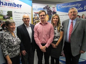 Sarnia-Lambton Chamber of Commerce Legacy Scholarships were announced on Wednesday December 16, 2015 in Sarnia, Ont. From left, Jane Anema, with the Sarnia Community Foundation, Rob Taylor, Chamber of Commerce chairperson, scholarship recipient Dr. Mark Mousseau, Carly Nienhuis, rescruiter-coordinator with the Physician Recruitment Task Force, and task force chairperson Ron Prior. Not pictured is scholarship recipient Dr. Amanda Rosenblum. Paul Morden/Sarnia Observer/Postmedia Network
