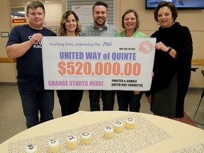 Emily Mountney-Lessard/The Intelligencer
Procter and Gamble plant manager Martin deRome (left), with P&G employee Tammy Mitchell (second from right) presents United Way executive director Judi Gilbert with a celebratory cheque for $520,000. Also shown are United Way's Lyndsey Harker and Curt Flewelling.
