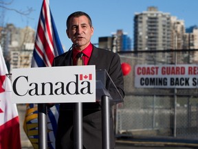Minister of Fisheries, Oceans and the Canadian Coast Guard, Hunter Tootoo, announces the federal government's commitment to reopening the Kitsilano Coast Guard facility, in Vancouver, B.C., on Wednesday December 16, 2015. (THE CANADIAN PRESS/Darryl Dyck)