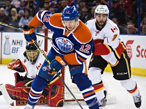 Rob Klinkhammer, shown here in a game last April, returned to the Oilers lineup after missing 21 games with injury, left Tuesday's game against the Rangers after tweaking his ankle. (Codie McLachlan, Emdonton Sun)
