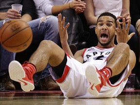 Toronto Raptors’ Cory Joseph reacts during NBA play against the Milwaukee Bucks in Toronto on Friday December 11, 2015. (Craig Robertson/Toronto Sun/Postmedia Network)