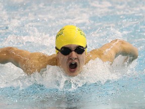 Thomas Webb, of Lockerby Vikings, competes in a 100 metre butterfly race at the NOSSA swimming meet at the Howard Armstrong Recreation Centre in Hanmer, Ont. on Wednesday December 16, 2015.