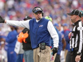 Head Coach Rex Ryan of the Buffalo Bills argues a flag with an official against the Houston Texans at Ralph Wilson Stadium in Orchard Park on Dec. 6, 2015. (Brett Carlsen/Getty Images/AFP)