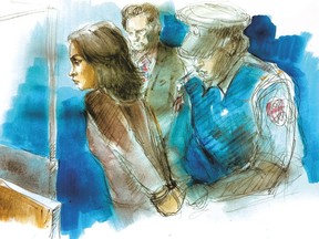 Rohinie Bisesar enters court with her lawyer Calvin Barry. (Sketch by Pam Davies)