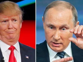 Republican U.S. presidential candidate Donald Trump (left) got props from Russian President Vladimir Putin Dec. 17,2015. (REUTERS/Mike Blake/AP Photo/Alexander Zemlianichenko)