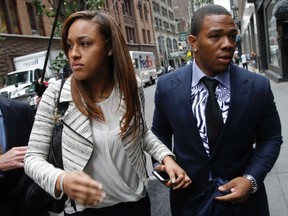 Former Baltimore Ravens NFL running back Ray Rice and his wife Janay arrive for a hearing at a New York City office building November 5, 2014. Rice is making his case on Wednesday to return to the field after the National Football League indefinitely suspended him from the game for claims of domestic violence. Rice, 27, claims that he was punished twice for the same offense, a one-punch knockout of his then-fiancee Janay Palmer during a February altercation at an Atlantic City, New Jersey, casino. REUTERS/Mike Segar