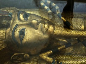 The tomb of King Tut is displayed in a glass case at the Valley of the Kings in Luxor, Egypt, Tuesday, Sept. 29, 2015. (AP Photo/Nariman El-Mofty)