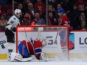 Sharks forward Patrick Marleau (left) reacts after scoring a goal against Canadiens goalie Mike Condon during first period NHL action in Montreal on Tuesday, Dec. 15, 2015. (Eric Bolte/USA TODAY Sports)