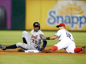 Detroit Tigers outfielder Rajai Davis (20) is tagged out attempting to steal second base by Texas Rangers second baseman Rougned Odor at Globe Life Park in Arlington. (Tim Heitman/USA TODAY Sports)