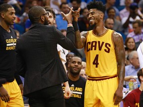 Cavaliers guard Iman Shumpert (4) helped deliver his fiancee's baby in their home's bathroom on Wednesday. (Kim Klement/USA TODAY Sports)