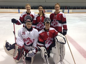 Manitobans headed to the World Ringette Championship in Finland, clockwise from back left, Sam Renooy, Keyona Tomiuk, Talia Gallant, Ryann Bannerman and Amy Clarkson.