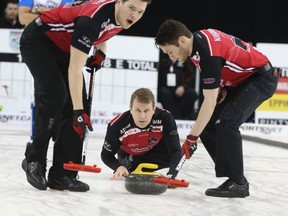 Skip Jeff Stoughton with Alex Forrest(L) and Connor Njegovan at the Players' Championship curling at Mattamy Athletic Centre on Friday, April 10, 2015 in Toronto. Veronica Henri/Toronto Sun/QMI Agency