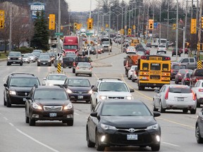 Fanshawe Park Road facing east towards Richmond Street in London on Thursday shows the kind of traffic congestion for which the area has long been known. (DEREK RUTTAN, The London Free Press)