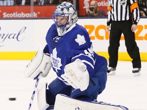 Jonathan Bernier in action in the second period as the Toronto Maple Leafs play the San Jose Sharks at the Air Canada Centre in Toronto on Dec. 17, 2015. (Stan Behal/Toronto Sun/Postmedia Network)