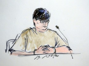 In this courtroom sketch, Enrique Marquez appears in federal court in Riverside, Calif., on Dec. 17, 2015. Marquez, 24, was charged Thursday with conspiring to provide material support to terrorists for plotting with gunman Syed Rizwan Farook to launch attacks in 2011 and 2012 at a community college and congested freeway at rush hour that they never carried out. (AP Photo/Bill Robles)