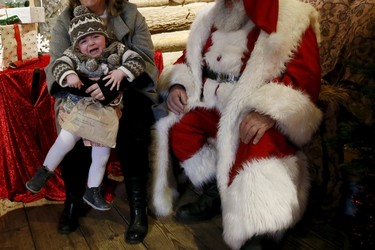 Lana Lecash, 21-months old, reacts during a visit to meet actor John Field, dressed as Santa Claus, at a Christmas grotto at the Wetland Centre in London, Britain, Dec. 5, 2015. REUTERS/Stefan Wermuth