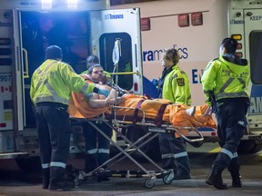 A man arrives at Sunnybrook hospital after being stabbed during a fight on Danzig St., near Morningside Ave. and Kingston Rd., Thursday night. (VICTOR BIRO, Special to the Toronto Sun)