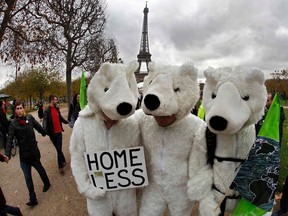 Three environmentalists wear polar bear costumes as they take part in a demonstration near the Eiffel Tower in Paris, France, as the World Climate Change Conference 2015 (COP21) continues near the French capital in Le Bourget, December 12, 2015.  (REUTERS/Mal Langsdon)