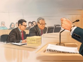 Former Conservative Sen. Mike Duffy, right, is depicted speaking on the stand in a courtoom illustration as Crown Jason Neubauer, left, and Mark Holmes look on. THE CANADIAN PRESS/Greg Banning
