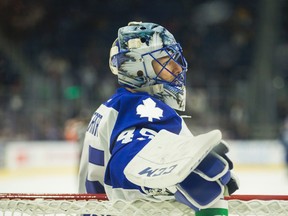 Toronto Maple Leafs goalie Jonathan Bernier during a break in the action during an AHL game at the Ricoh Coliseum in Toronto on Dec. 13, 2015. (Ernest Doroszuk/Toronto Sun/Postmedia Network)