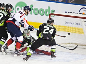 Edmonton’s Patrick Dea can’t stop a shot from getting past as Lethbridge’s Barrett Sheen looks on during Friday’s game at Rexall. (Codie McLachlan, Edmonton Sun)