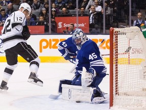 Toronto Maple Leafs goaltender Jonathan Bernier makes a save on Los Angeles Kings' Marian Gaborik during first period NHL hockey action in Toronto on Saturday December 19, 2015. (THE CANADIAN PRESS/Chris Young)