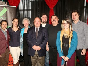Greater Sudbury Mayor Brian Bigger, middle, was on hand for the Mayor's Celebration of the Arts Awards short list announcement in Sudbury, Ont. on Tuesday April 21, 2015. The list includes Alessandro Constantini, left, Pandora Topp, Iona Reed Pukara, Dayv Poulin, Dan Bedard, Dani Taillefer and Jamie Dupuis. Missing are Stef Paquette and Ann Suzuki. John Lappa/Sudbury Star/Postmedia Network