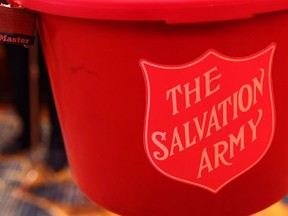 A locked Salvation Army kettle is shown during the launch of the Salvation Army Christmas Kettle Campaign on Wednesday November 12, 2014 in Calgary, Alta. (Jim Wells/Calgary Sun/QMI Agency)