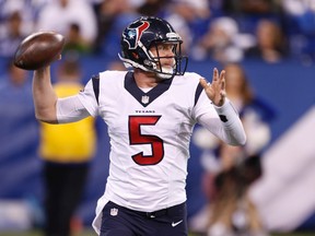 Houston Texans quarterback Brandon Weeden (5) throws the ball against the Indianapolis Colts at Lucas Oil Stadium. The Texans won 16-10.  Brian Spurlock-USA TODAY Sports