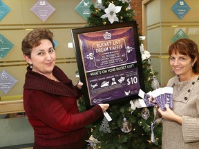 John Lappa/Sudbury Star
Fundraising chair Fran Roque, left, and Tannys Laughren, executive director of the Northern Cancer Foundation, hold a poster and tickets for the Bucket List Dream Raffle. Proceeds from the raffle will go to the Cristina Care Fund-NCF.