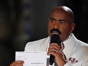 Steve Harvey holds up the card showing the winners after he incorrectly announced Miss Colombia Ariadna Gutierrez as the winner at the Miss Universe pageant on Sunday, Dec. 20, 2015, in Las Vegas. Miss Philippines Pia Alonzo Wurtzbach was named Miss Universe. (AP Photo/John Locher)