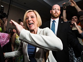 NDP leader and premier elect Rachel Notley greets her supporters at the NDP election headquarters at the Westin Hotel in Edmonton, Alta. on Tuesday, May 5, 2015. Codie McLachlan/Edmonton Sun File