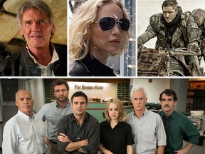 (Clockwise from top) Harrison Ford in "Star Wars: The Force Awakens," Jennifer Lawrence in "Joy," Tom Hardy in "Mad Max: Fury Road," and the cast of "Spotlight."