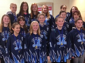 The U14 Tween Ice Crushers took gold in St. Mary’s tournament. The gold medal team, pictured here from left to right, back row: Sarah Strickland, Lauren Smith, Hannah Greer, Melanie McClinchey. Avery Cross and Katie Ridsdale. Middle row: Megan Kovats, Michaela Alcock, Grace Taylor, Kiara Plumsteel and Ben Craig. Front row: Ella Wick, Grace Mayhew, Hannah Kent and Arden Bowler. Missing from the picture: Manager Dan Ridsdale, assistant coach Jane Smith, trainer Ed Craig and head coach Simon Taylor. (Contributed photo)
