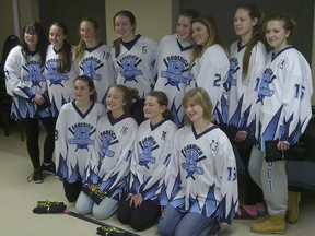 The U16 Ice Crushers won gold at the Nov. 26 – 29 tournament. Pictured here in the back row, from left to right, Mallory Austin, Sydney Durnin, Brynn Lewis, Marley Doney, Hailey Shanahan, Nicole Steenstra, Grace Olson and Chloe Ferguson. Front row, Eden Wick, Shannon Squire, Kendra Menchenton and Sage Milne. Absent: Megan Dunn and coaches Shawn Durnin, Rob Dunn, Teresa Doney and Anne Ferguson. (Contributed photo)